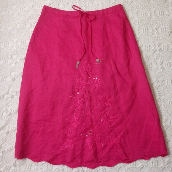 La Rea Collection A Line Midi Skirt Pink 100% Linen Beaded Embroidered 1X Women - Picture 1 of 9